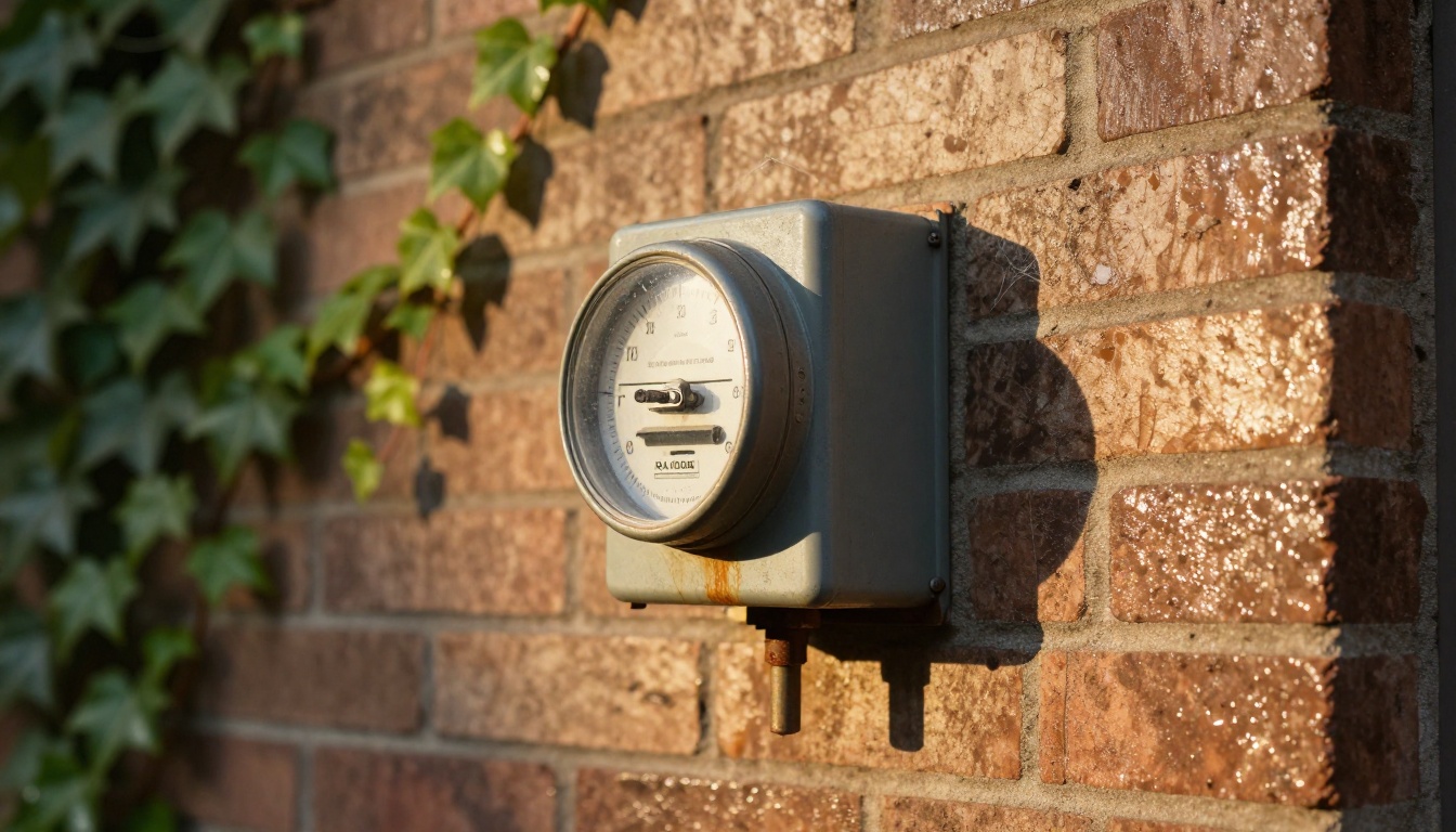 Residential electric utility meter mounted on an exterior brick wall in morning light