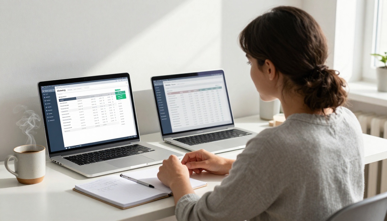 Young woman comparing two laptop screens showing pricing and hardware specifications at a home desk Young woman comparing two laptop screens showing pricing and hardware specifications at a home desk