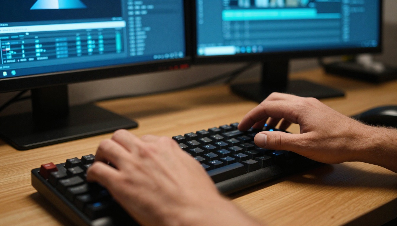 Male hands typing on a mechanical keyboard with AI video software visible on background monitors