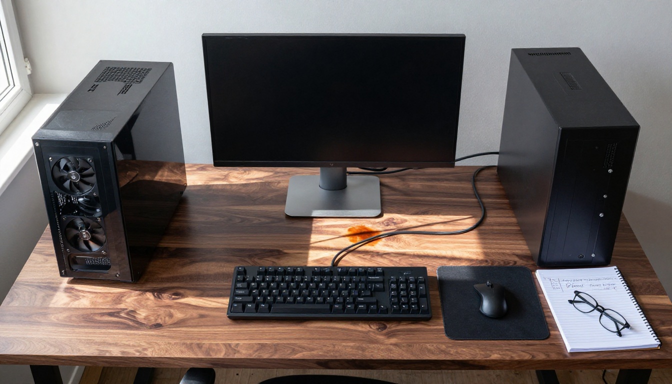 Aerial overhead view of a complete home office PC workstation setup Aerial overhead view of a complete home office PC workstation setup
