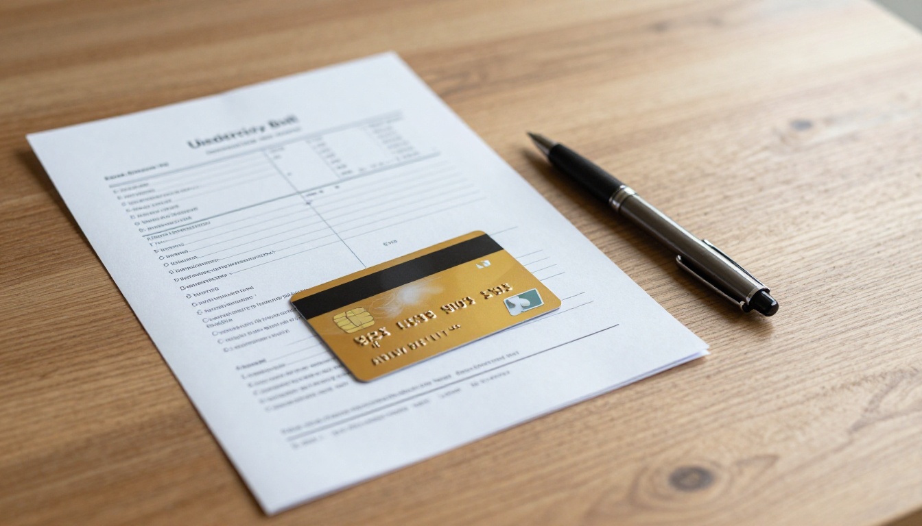 Utility electricity bill document next to a credit card on a wooden desk
