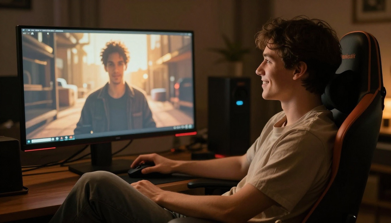Person relaxing in a gaming chair watching completed AI-generated video on a large monitor Person relaxing in a gaming chair watching completed AI-generated video on a large monitor