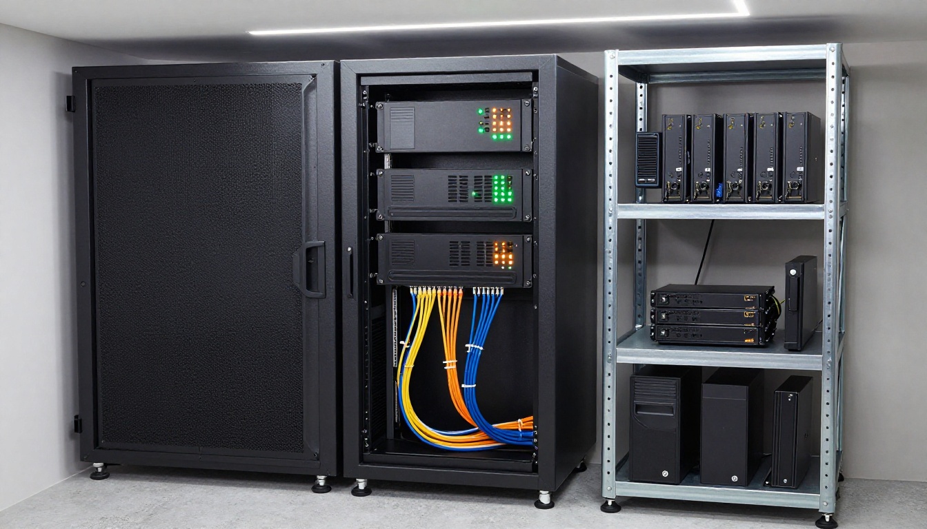 Compact home server room setup with rack cabinet and workstation in a spare bedroom Compact home server room setup with rack cabinet and workstation in a spare bedroom