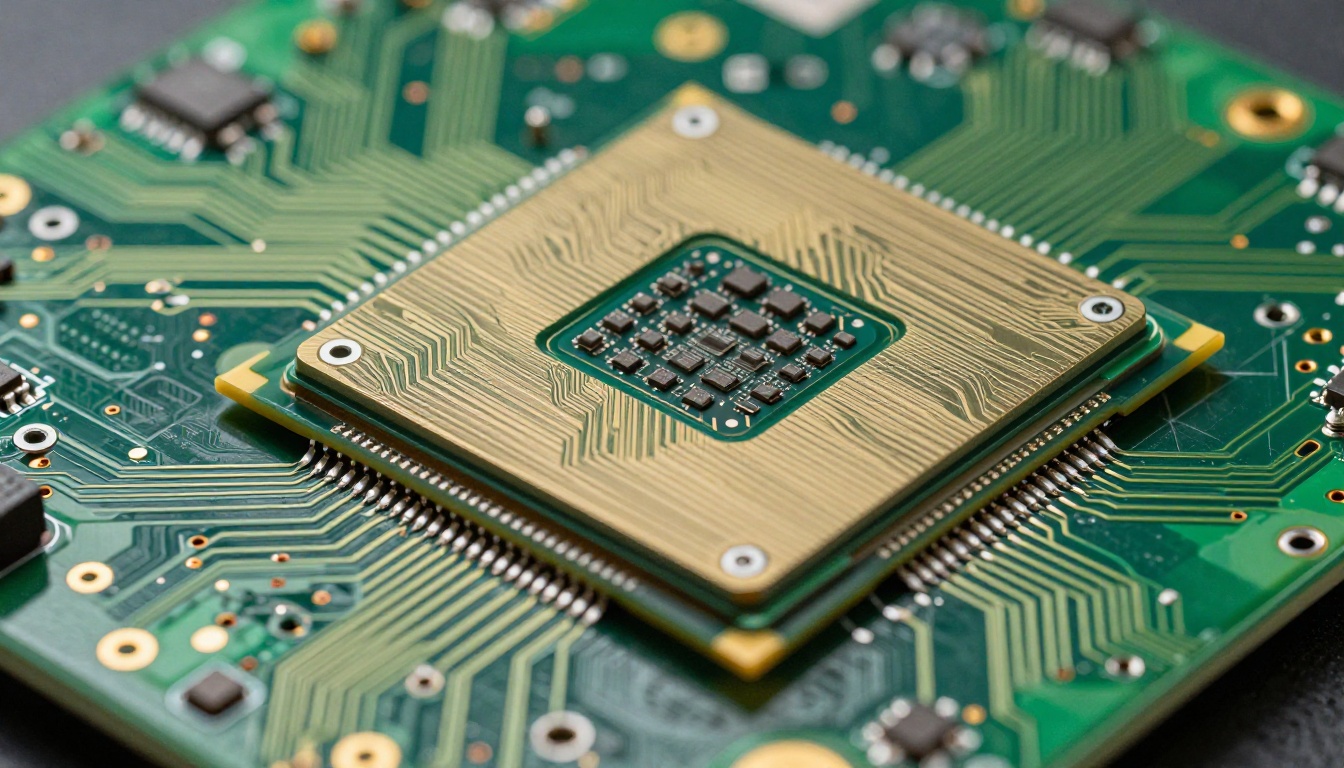 Close-up macro view of a GPU circuit board with copper trace pathways and silicon components