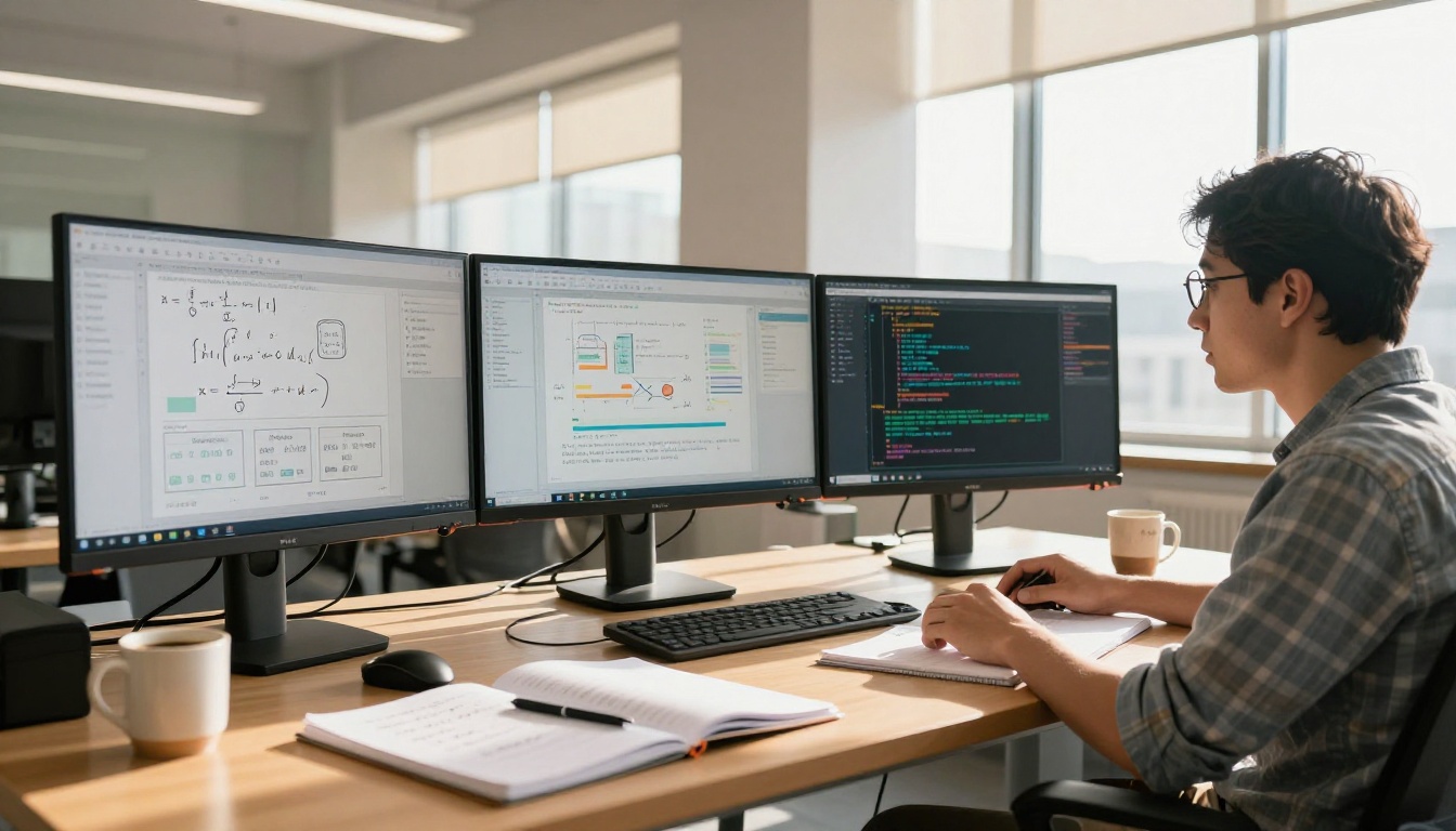 Research scientist in a bright academic office surrounded by three monitors showing data visualizations and Python code