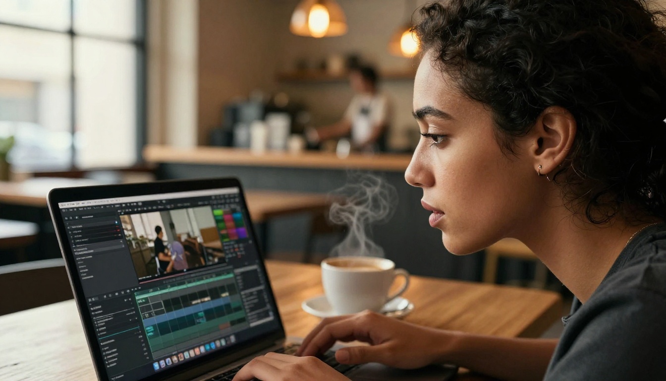 Young woman editing video on laptop in café