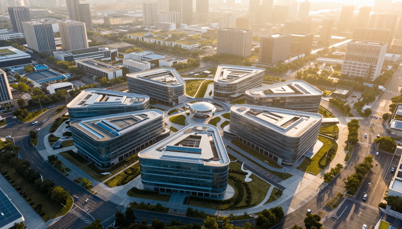 Aerial view of an interconnected tech campus at golden hour with long shadows across manicured lawns
