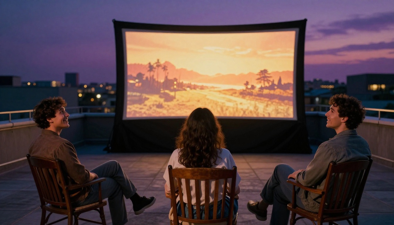 Diverse group watching outdoor film screening at dusk on rooftop