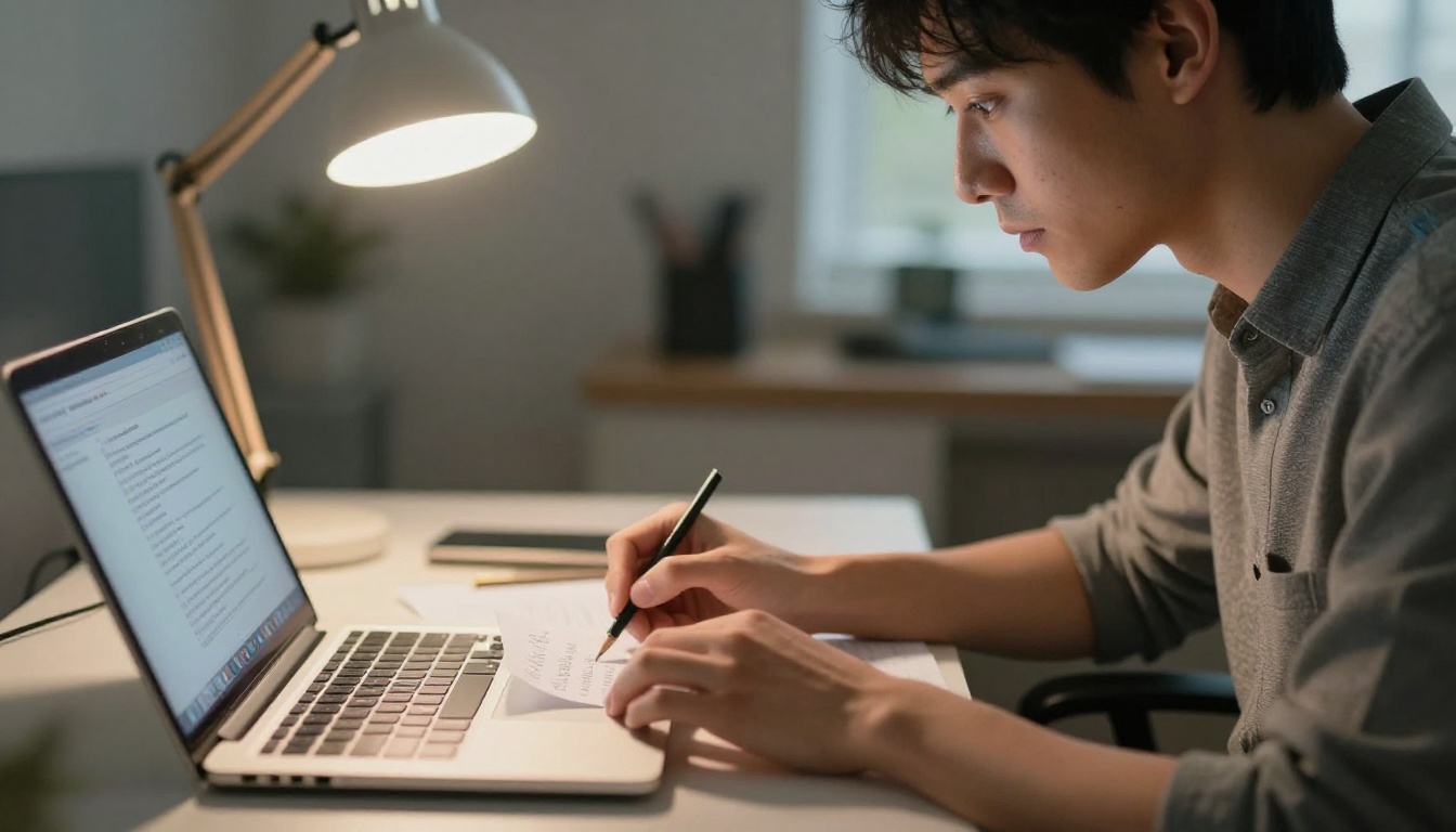 AI trainer at a workstation providing written feedback on printed AI responses, illuminated by a warm desk lamp