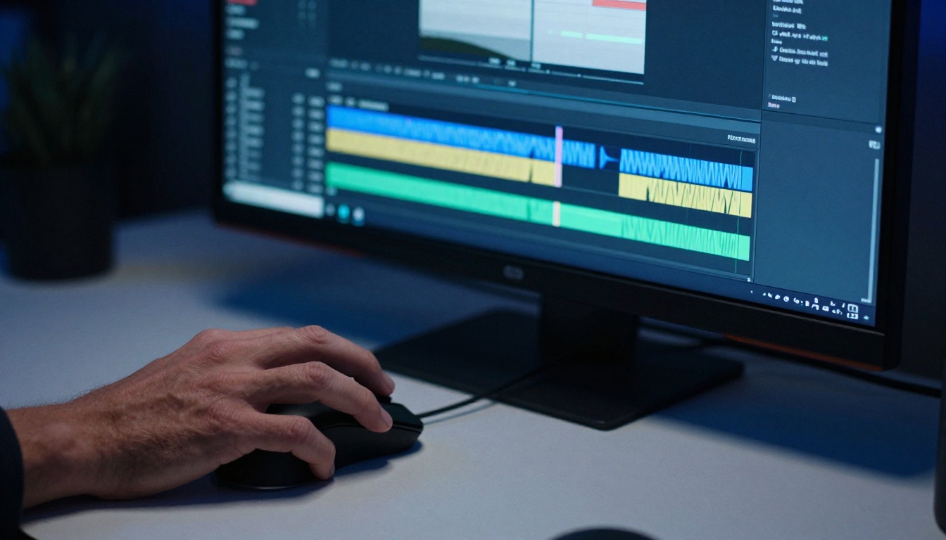 AI video editing timeline on monitor at night with hand on mouse