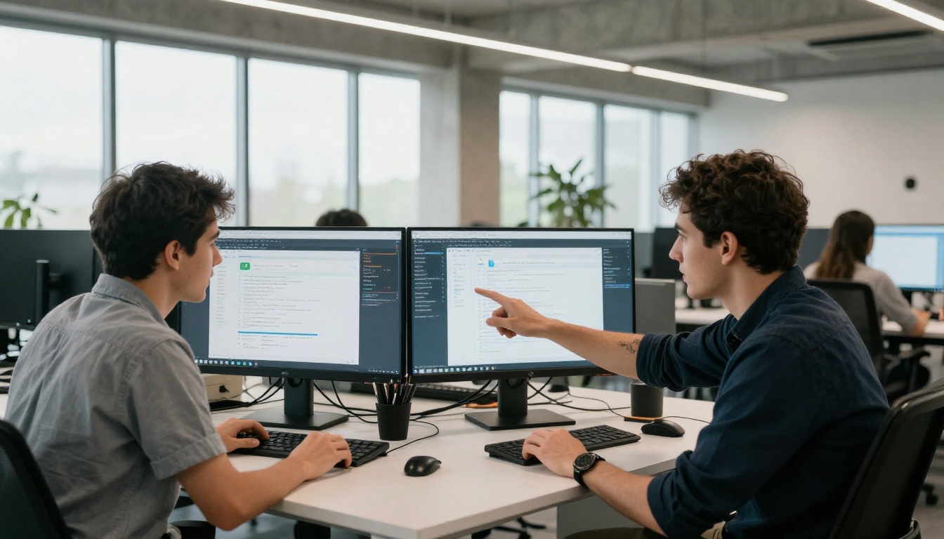 Two software engineers collaborating at standing desks in a bright open-plan tech office