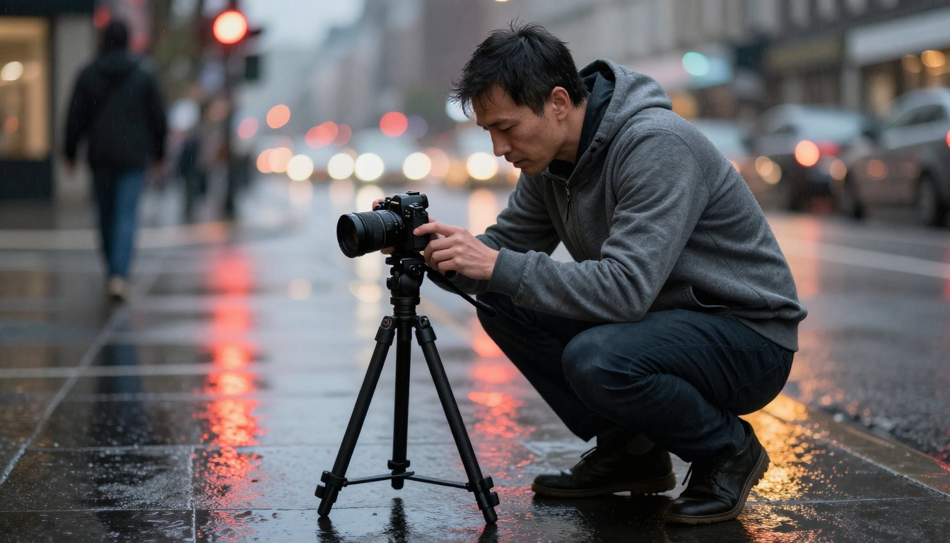 Filmmaker crouching low on a wet city street at night setting up shot