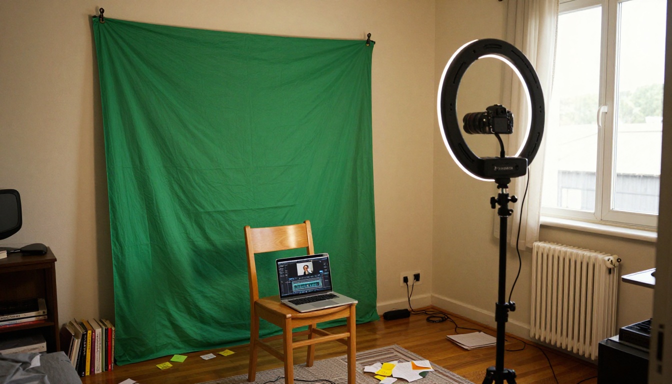 Cozy bedroom converted into personal film studio with ring light and DSLR