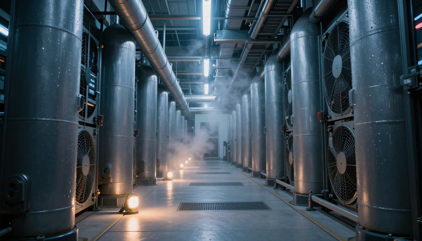 Long corridor of data center cooling infrastructure with blue LED strips and industrial piping Long corridor of data center cooling infrastructure with blue LED strips and industrial piping