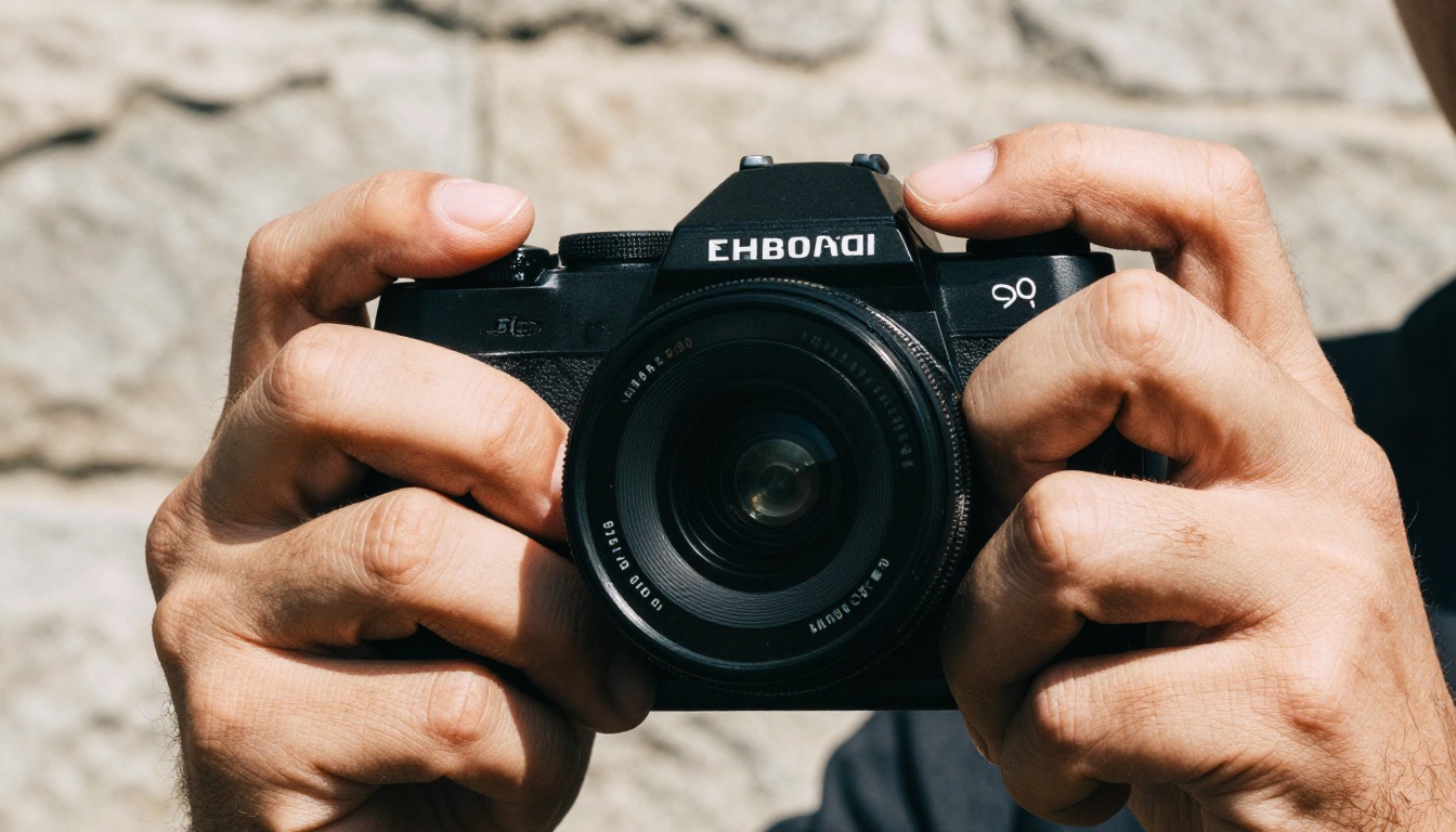 Close-up of weathered hands gripping a mirrorless camera in midday sun