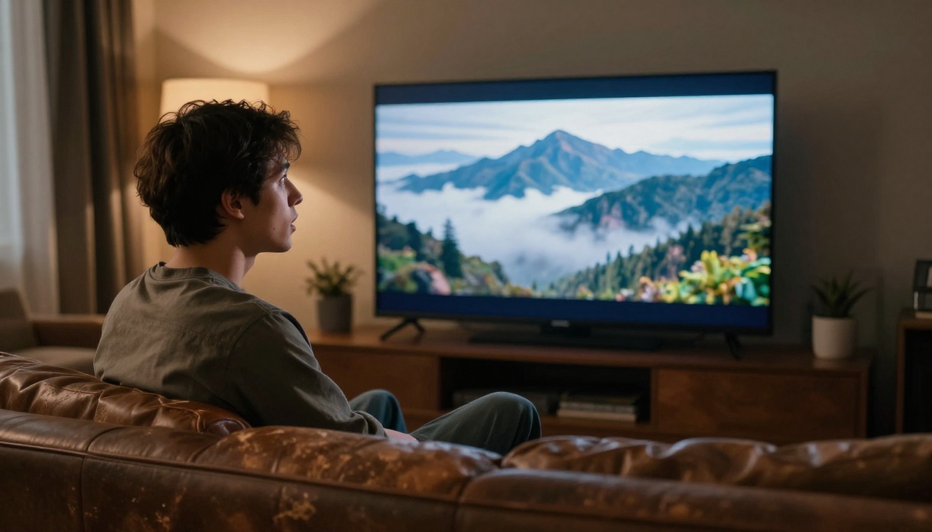 Young man watching AI-generated cinematic film on TV in dark living room