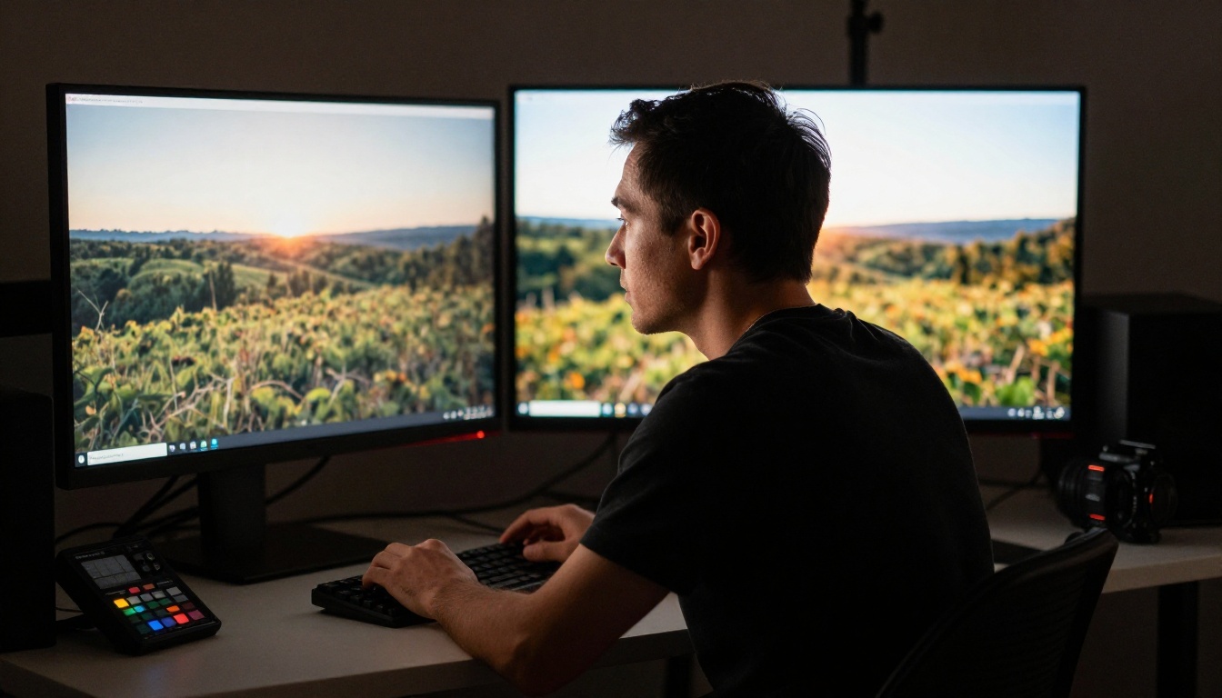 Creative director reviewing high-resolution images on a color-calibrated monitor in a dark photography studio Creative director reviewing high-resolution images on a color-calibrated monitor in a dark photography studio