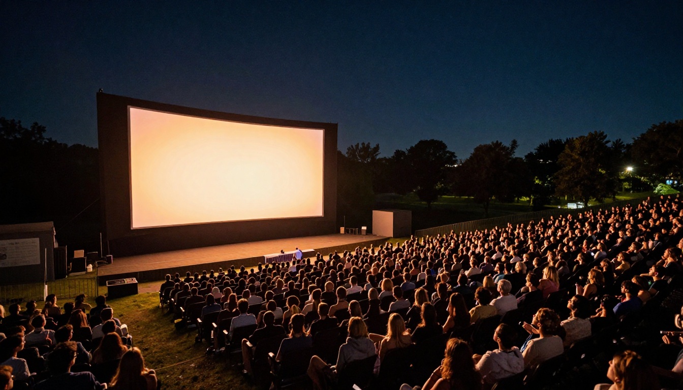 Wide aerial shot of packed outdoor film festival at night under stars