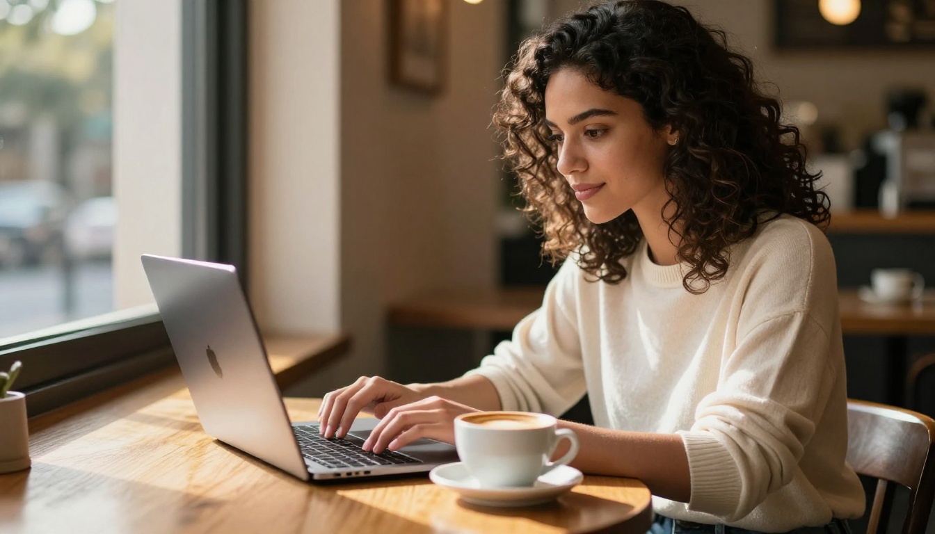 Young woman with dark curly hair working on a MacBook in a sunlit café with warm morning light Young woman with dark curly hair working on a MacBook in a sunlit café with warm morning light
