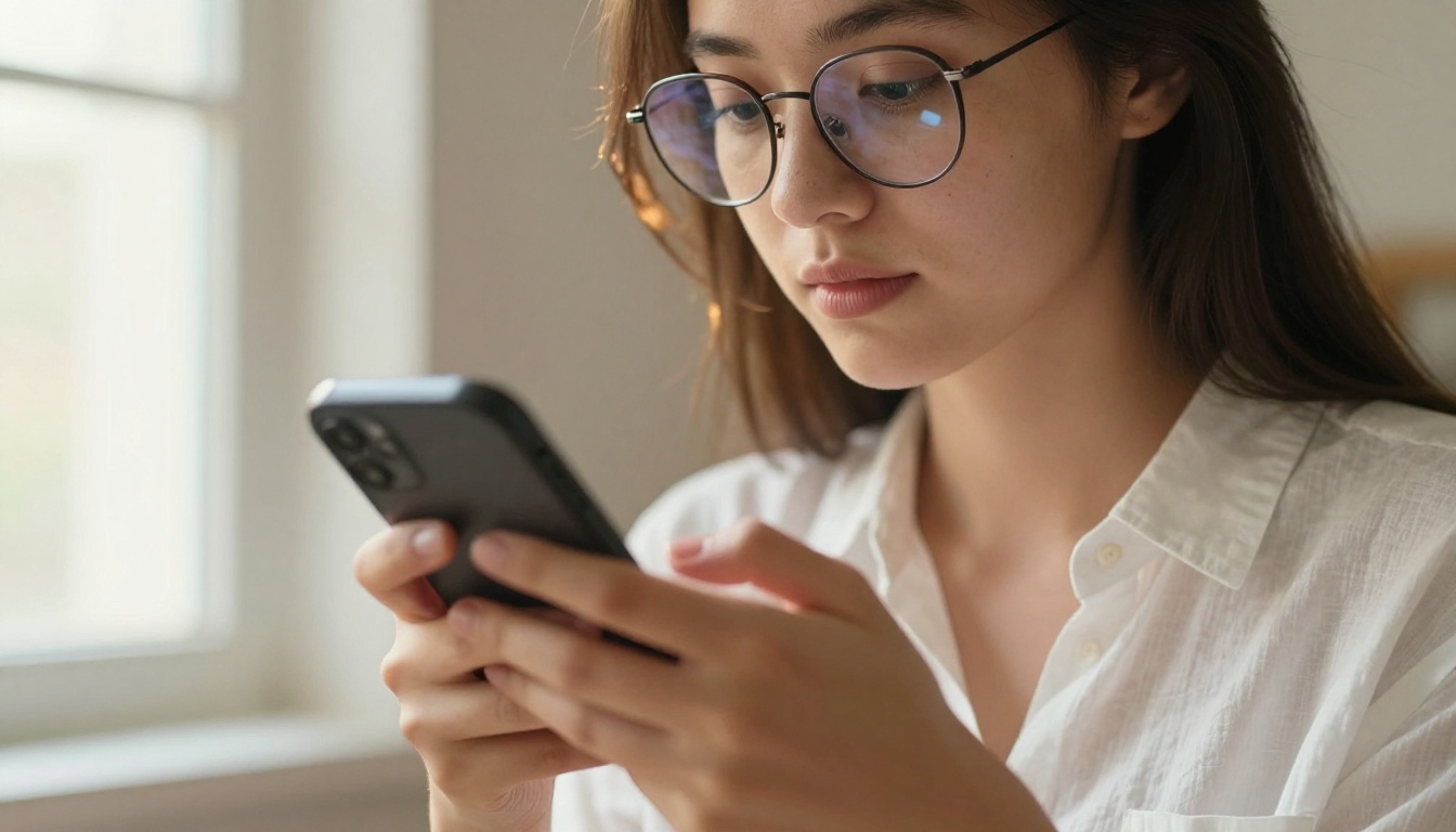 Young woman with glasses typing carefully on smartphone in warm afternoon light