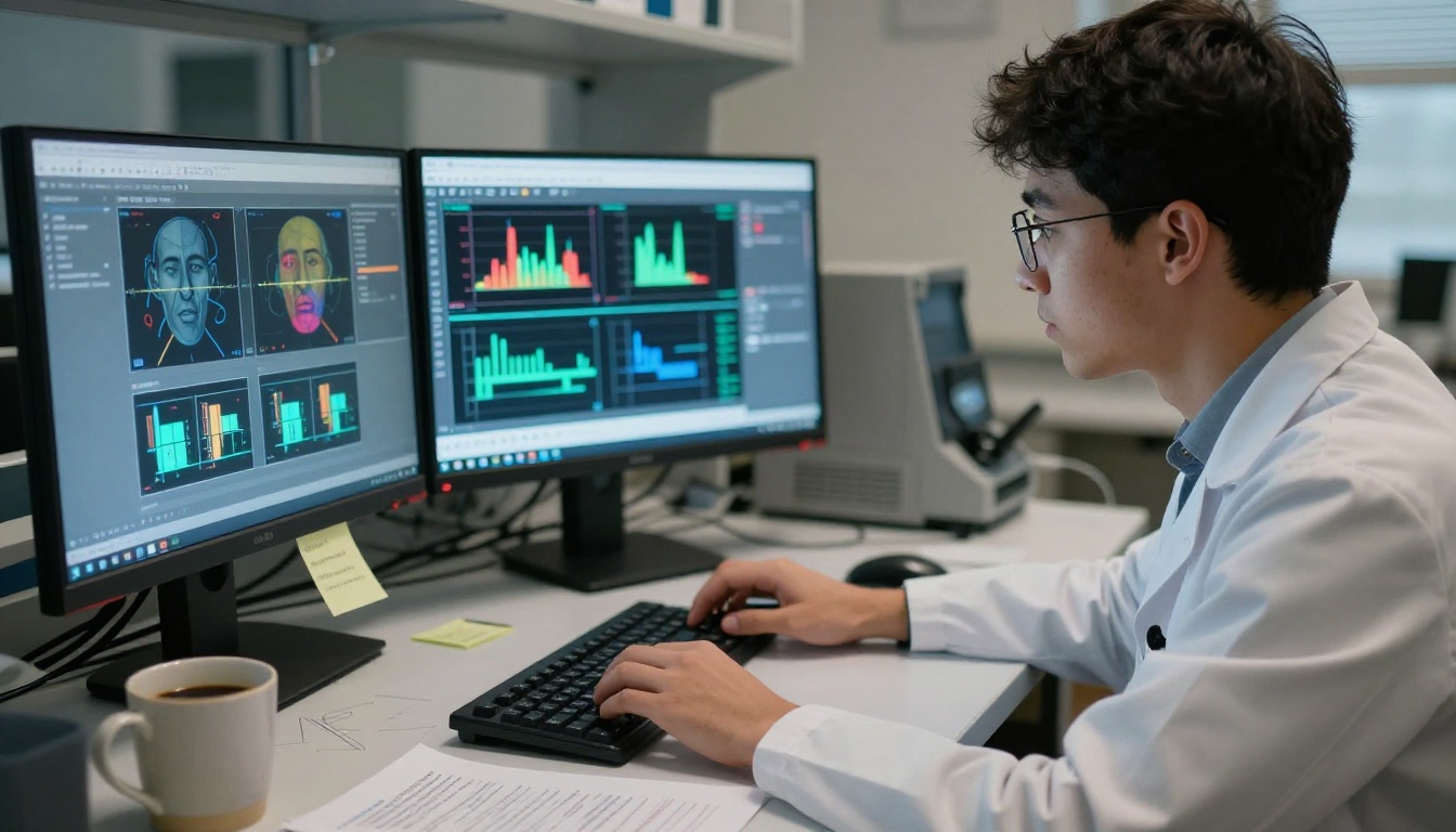 AI researcher analyzing emotion detection graphs and facial action unit diagrams in a university cognitive science laboratory
