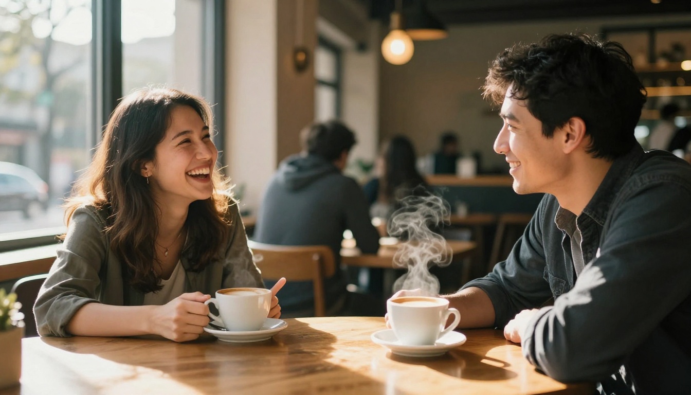 Two people laughing together in authentic candid conversation at a wooden cafe table near a window