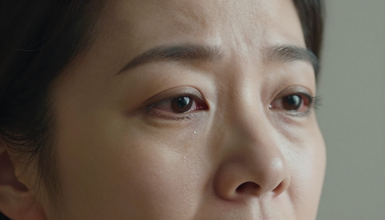 Close-up portrait of a woman displaying a subtle layered expression of sadness with natural window light creating a soft half-shadow across the face