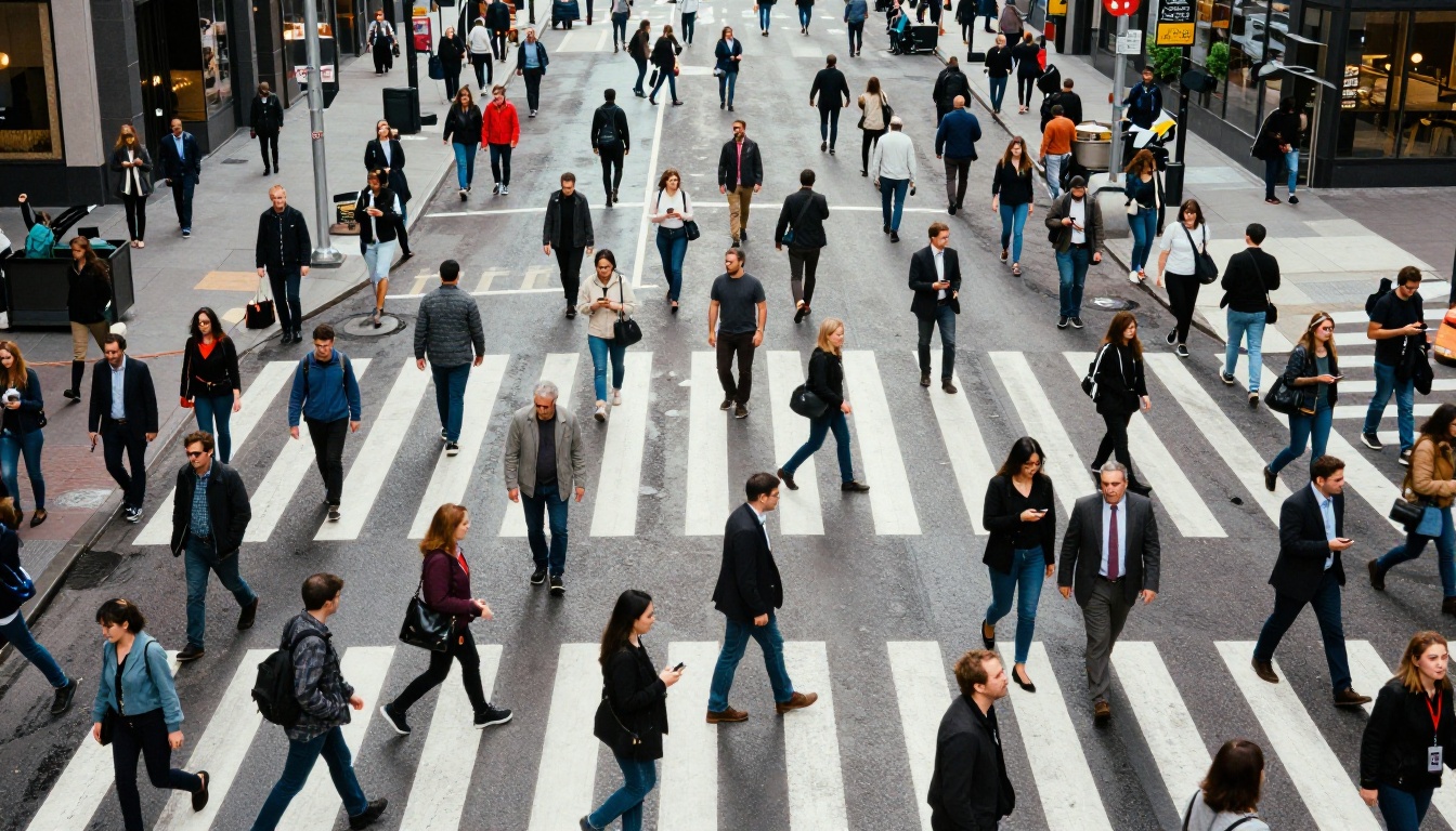 Aerial perspective looking straight down at a crowded urban pedestrian crossing during rush hour showing dozens of people with distinct body language