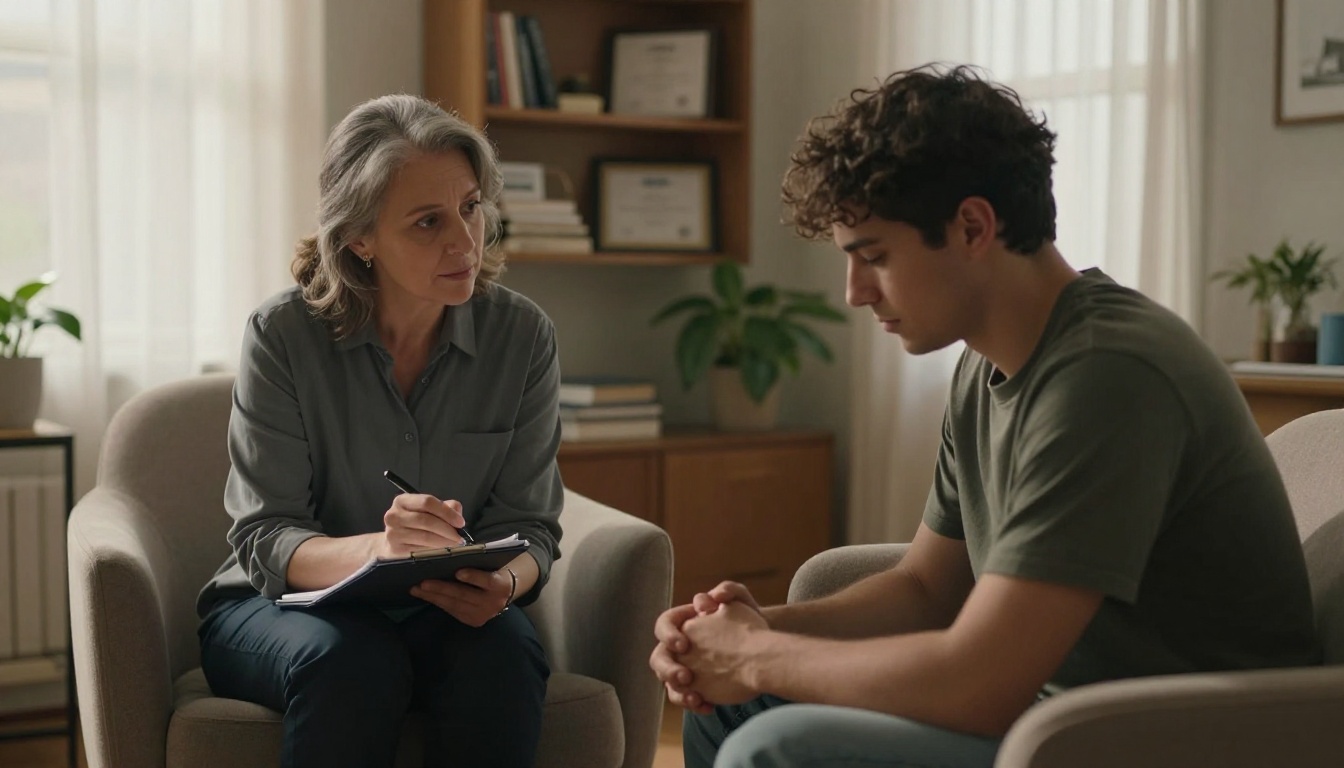 A therapist leaning forward compassionately toward a patient in a warm softly lit private office setting