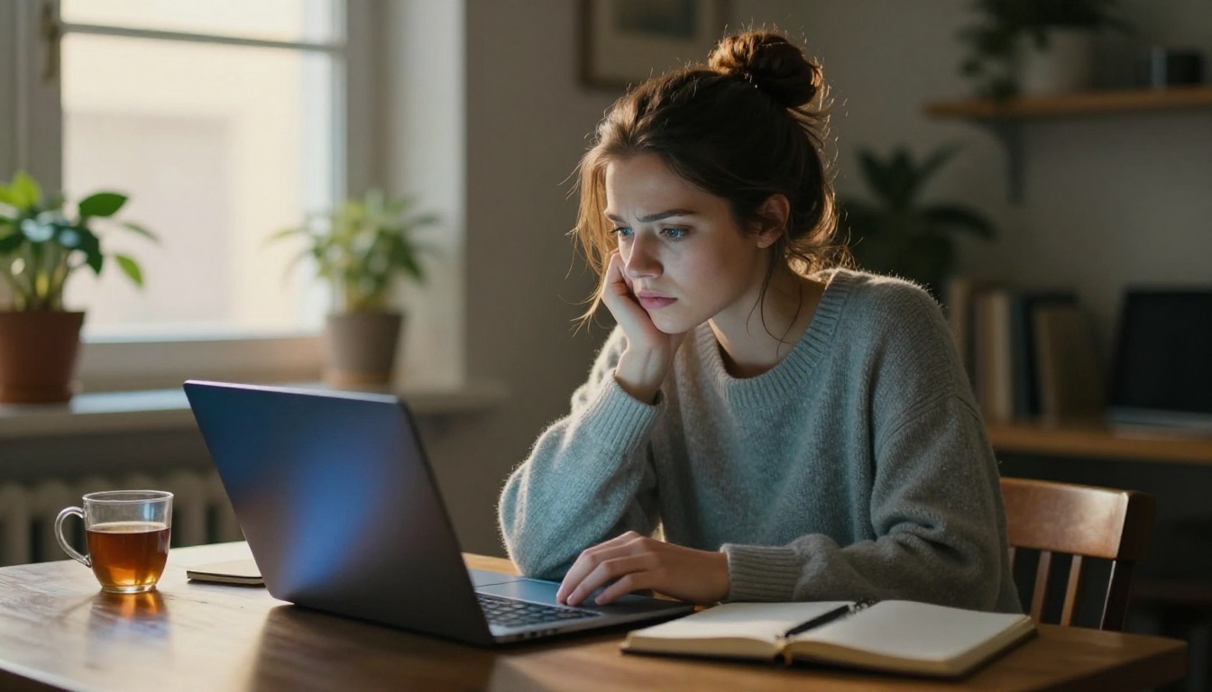 Woman with a frustrated contemplative expression looking at a laptop screen in a warm apartment setting