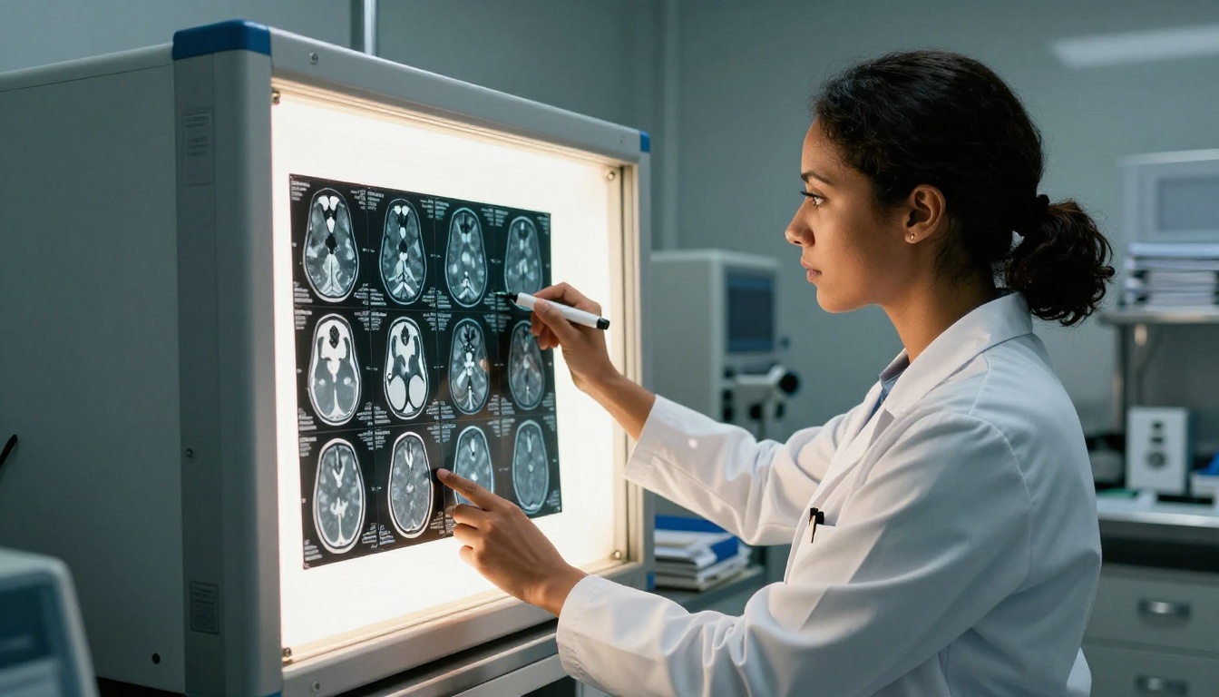 A neuroscientist in a white lab coat examining MRI brain scan images on a lightbox in a clinical research facility
