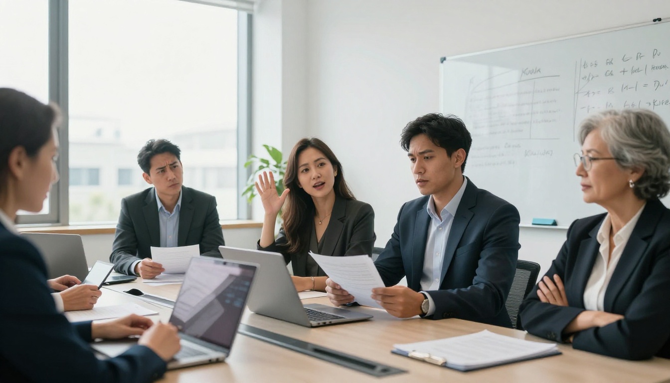 A diverse group of six professionals in a conference room displaying a wide range of authentic facial expressions during a meeting