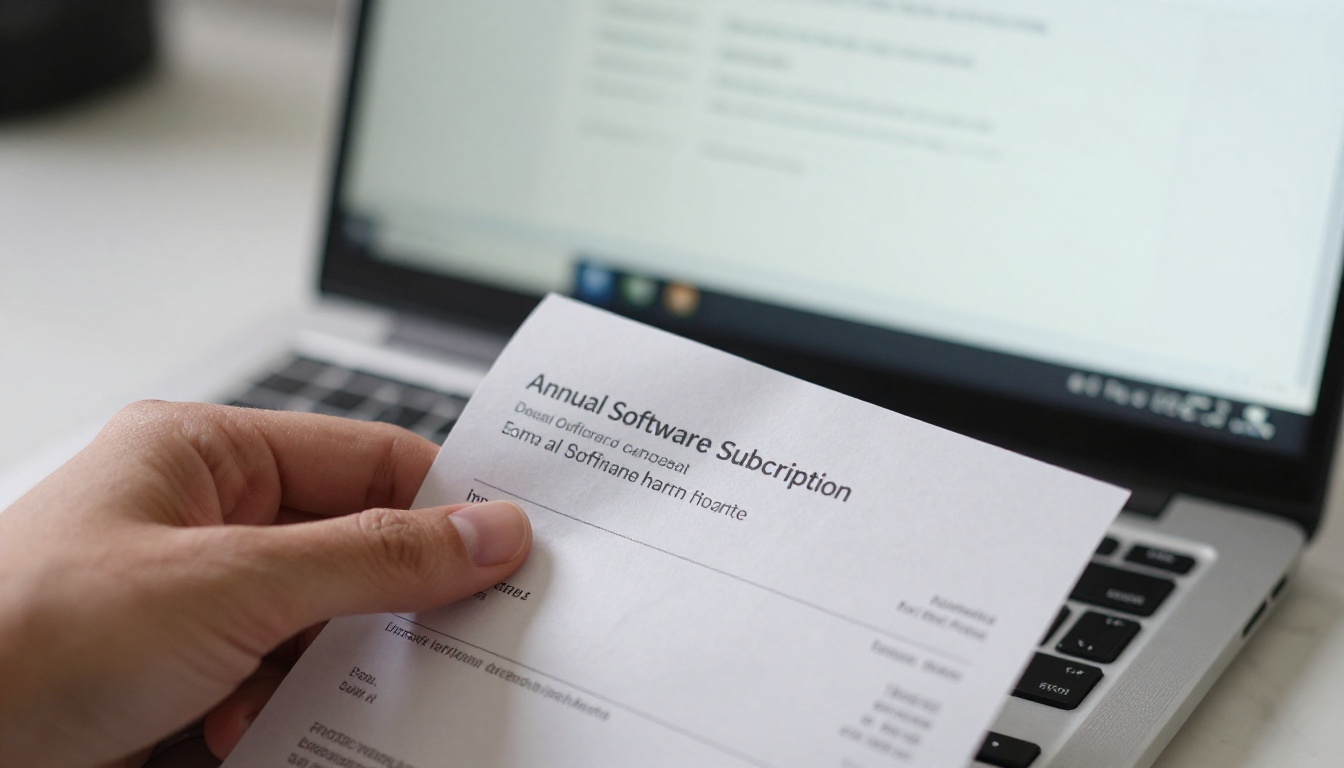 A receipt next to a laptop displaying a $600 annual subscription invoice