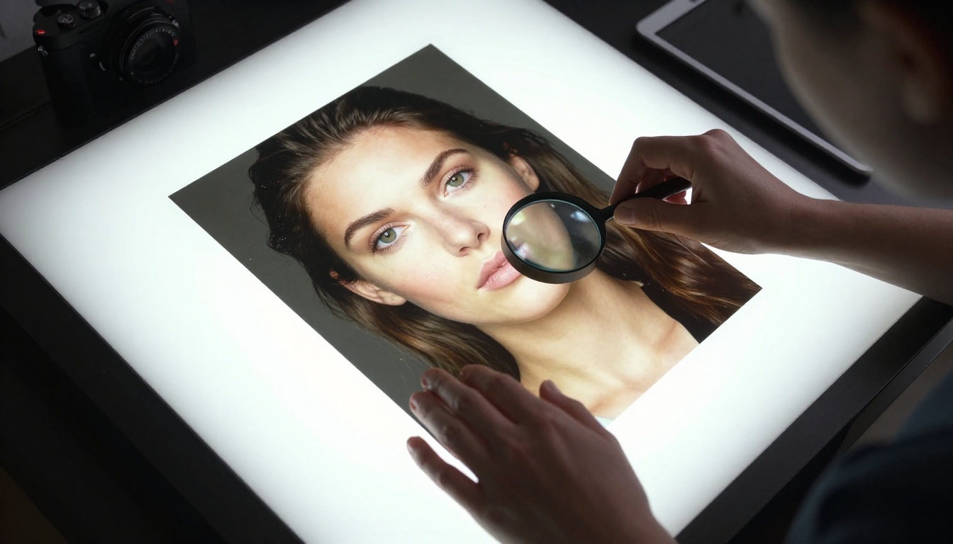 Aerial view of hands examining a large-format photo print on a light table