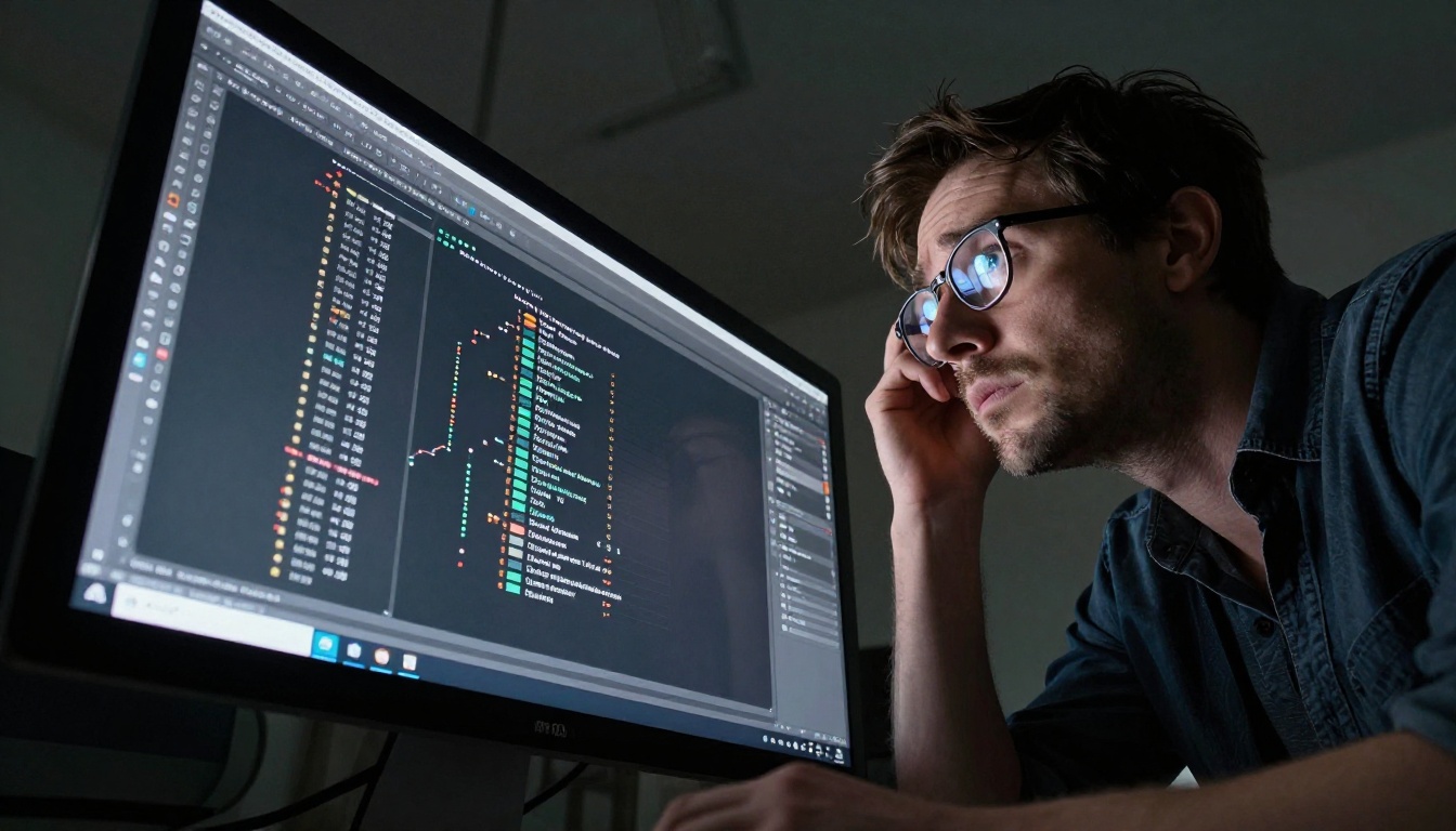 A graphic designer overwhelmed by complex software layers on a large monitor