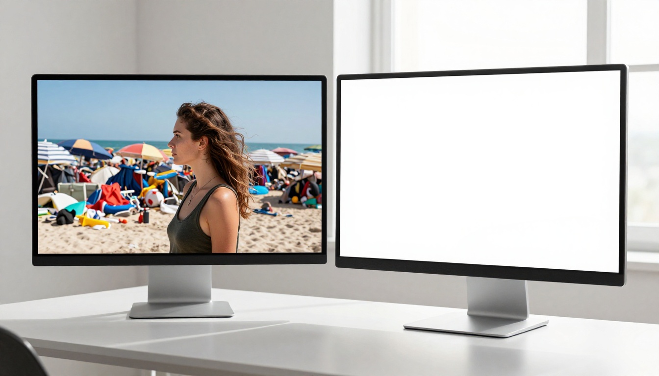 A monitor displaying a split-screen background removal comparison