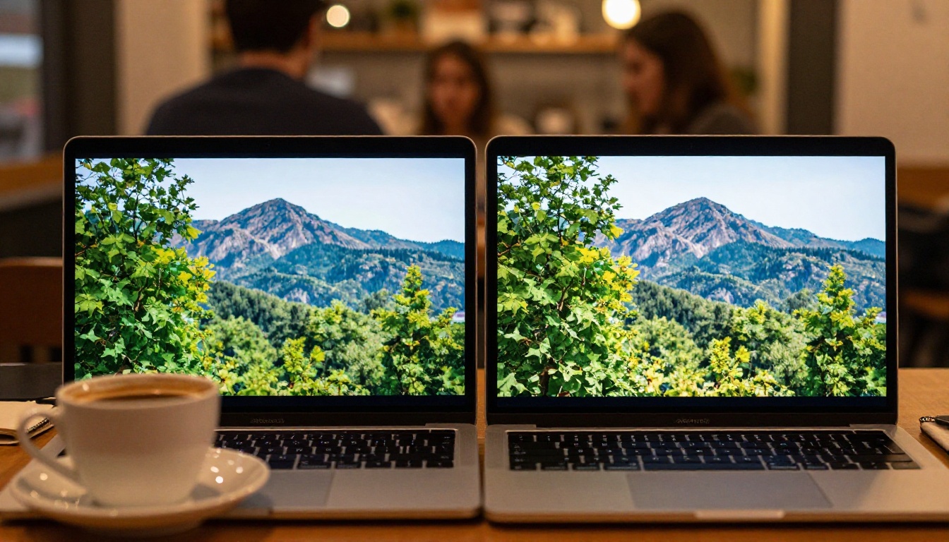 Laptop screen showing blurry vs sharp AI upscaled landscape comparison