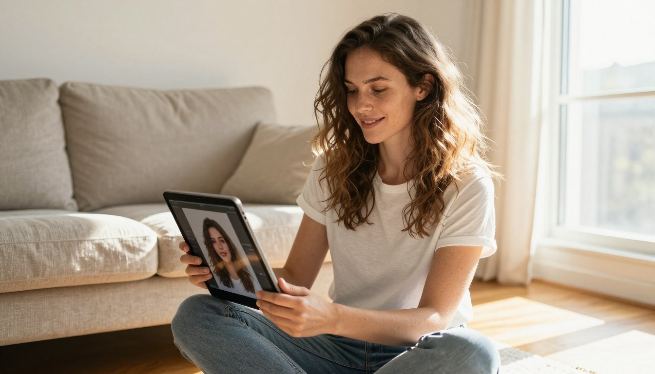A woman happily editing photos on a tablet in a sunlit apartment