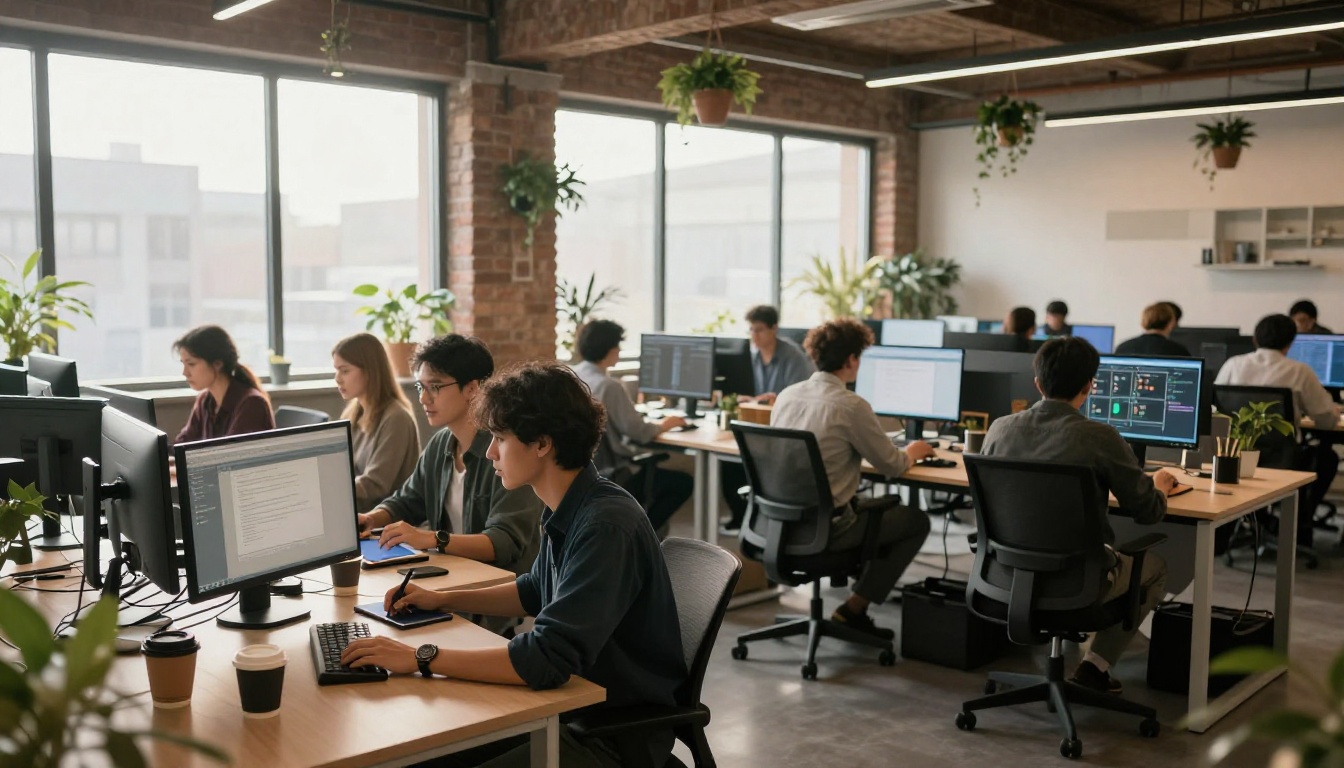 Modern creative agency with professionals using AI tools at standing desks
