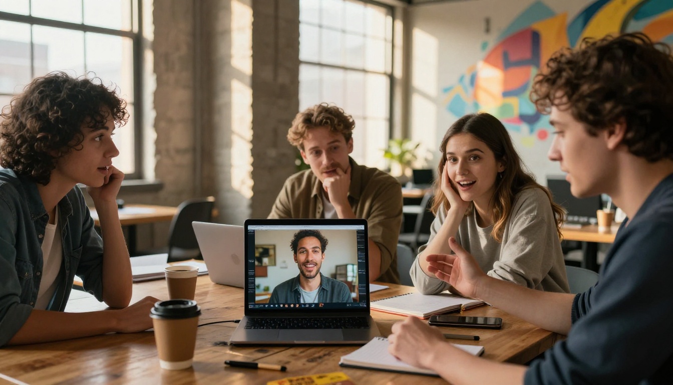 A diverse group of three creatives at a co-working space gathered around a laptop screen showing AI-generated images, expressions of genuine amazement