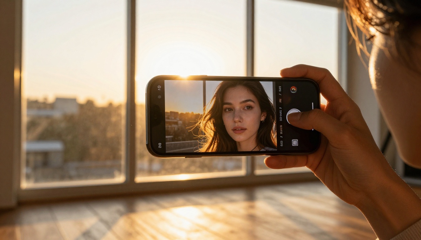 Low-angle shot of a professional female photographer standing by a window holding a smartphone displaying a stunning AI-generated photorealistic portrait, golden hour backlight