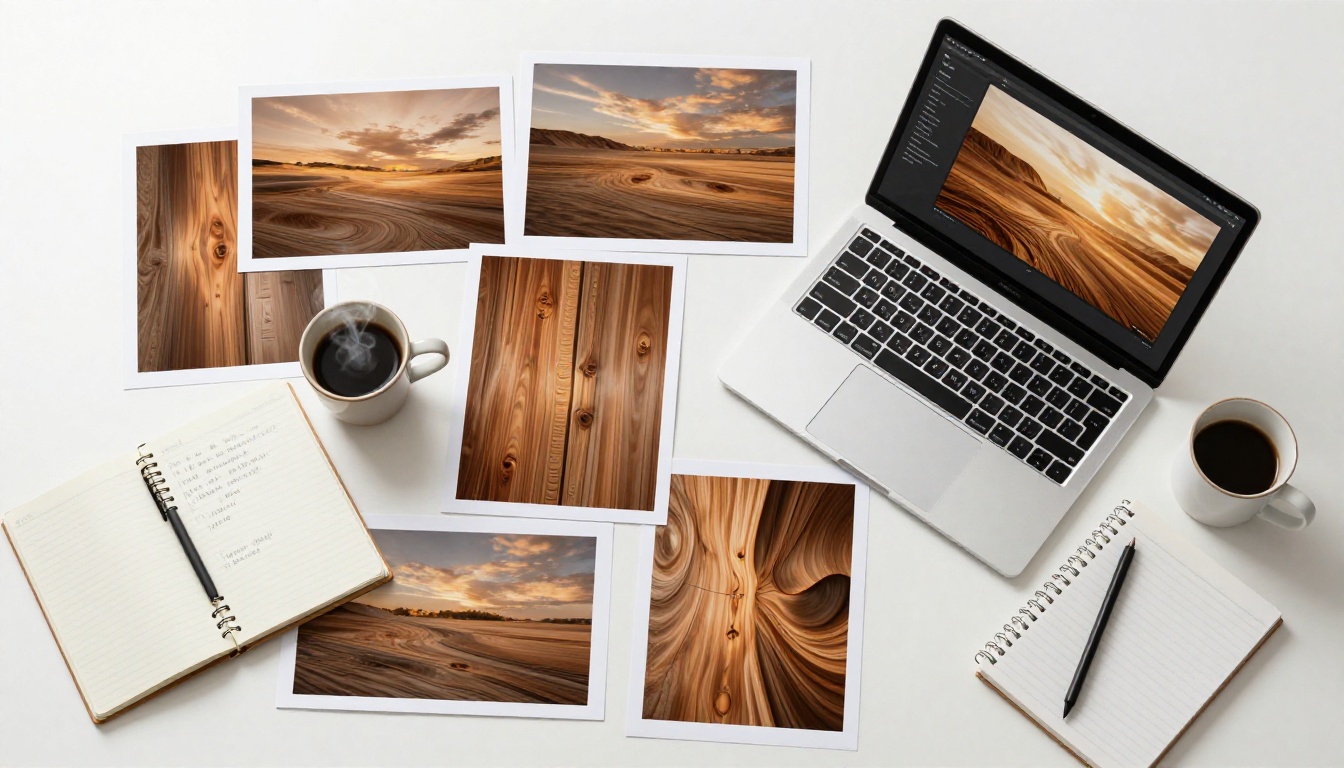 Aerial overhead flat lay shot of a creative workspace with multiple printed AI-generated images spread across a white oak desk alongside a laptop, coffee cup, and notebooks
