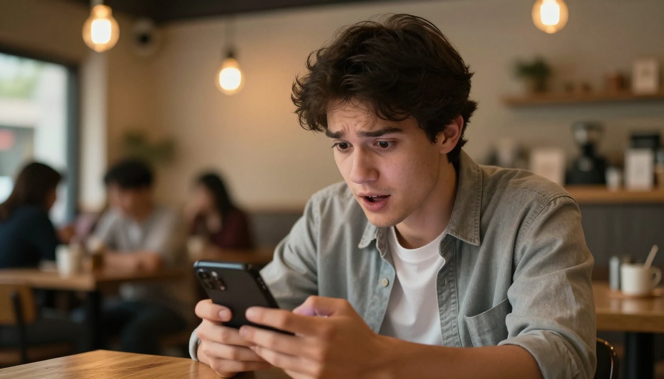 Young man in his early thirties scrolling through Reddit on his smartphone inside a cozy coffee shop, expression of impressed disbelief as he stares at viral AI-generated images