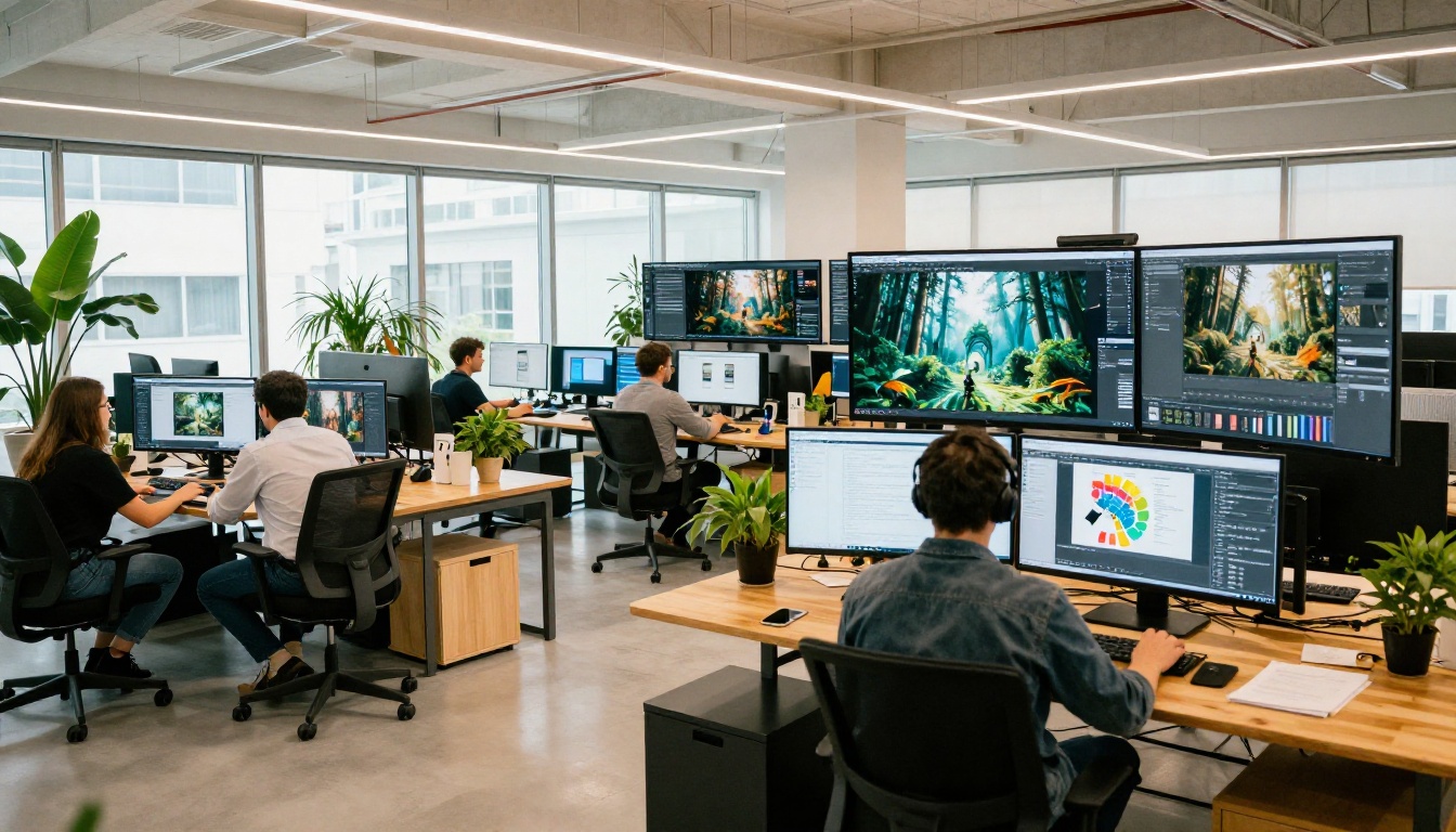 Wide shot of a modern creative technology studio interior with professionals at standing desks displaying AI-generated photorealistic images on large monitors