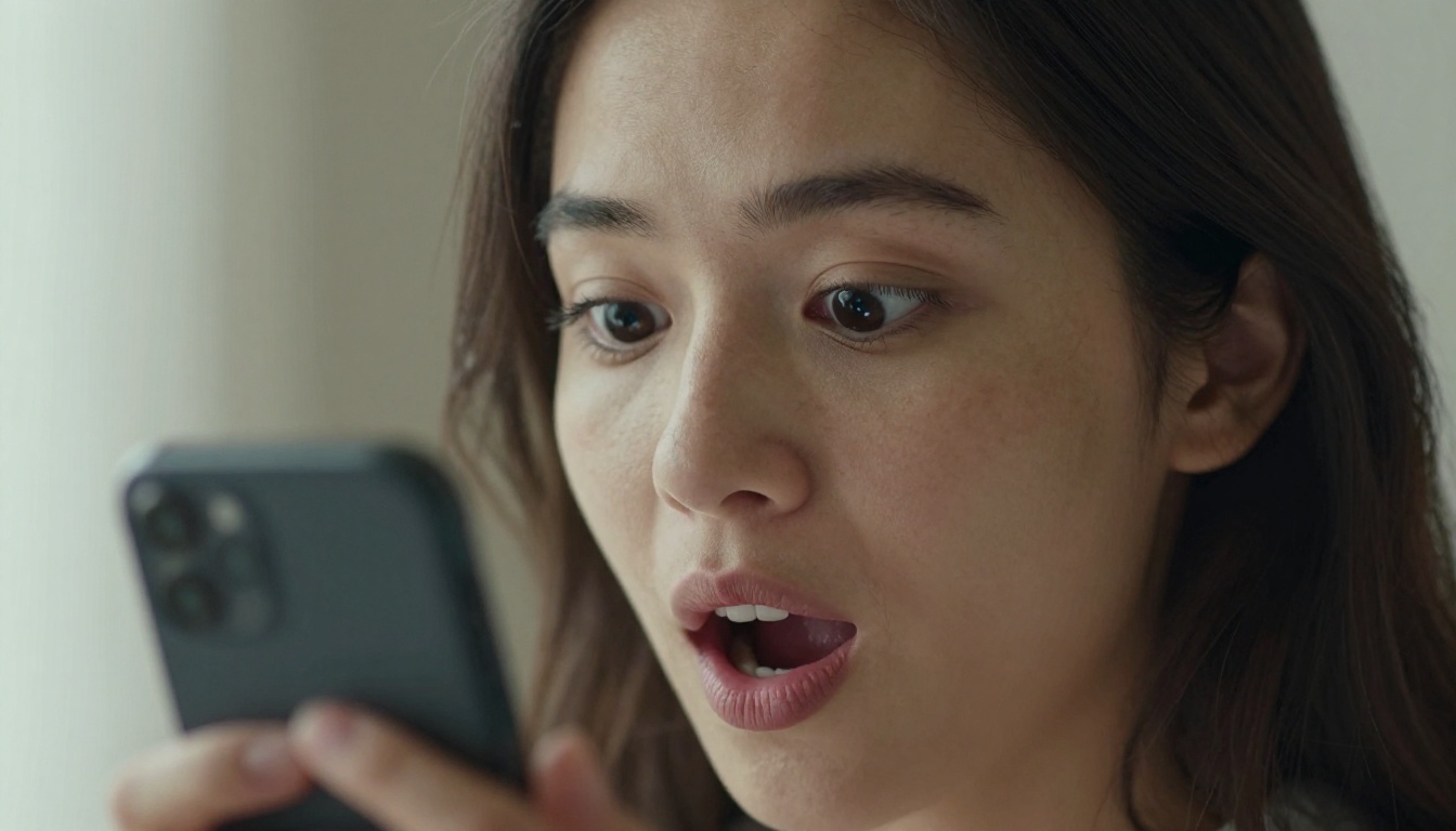 Intimate close-up portrait of a young woman's face showing genuine delight and astonished surprise while looking at a smartphone screen, soft natural window light from the left