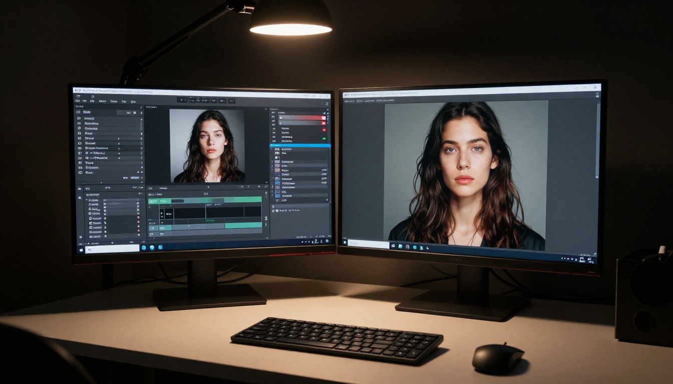 Dramatic side-lit studio shot of dual monitors showing traditional photo editing software on the left and an AI image generation interface with a stunning photorealistic portrait on the right