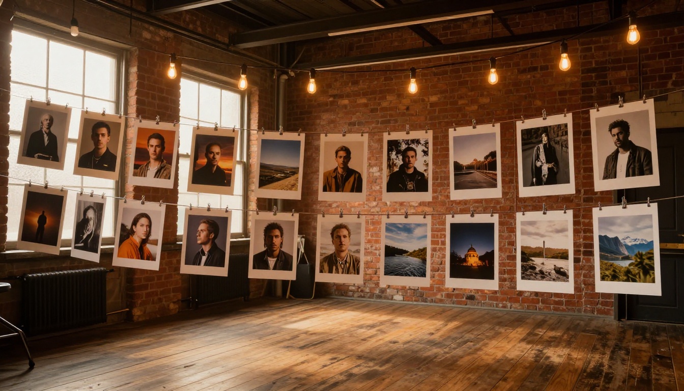 Low-angle wide shot inside a creative photography studio with photographic prints hanging from metal wire lines, the prints showing AI-generated photorealistic portraits and landscapes, late afternoon amber light