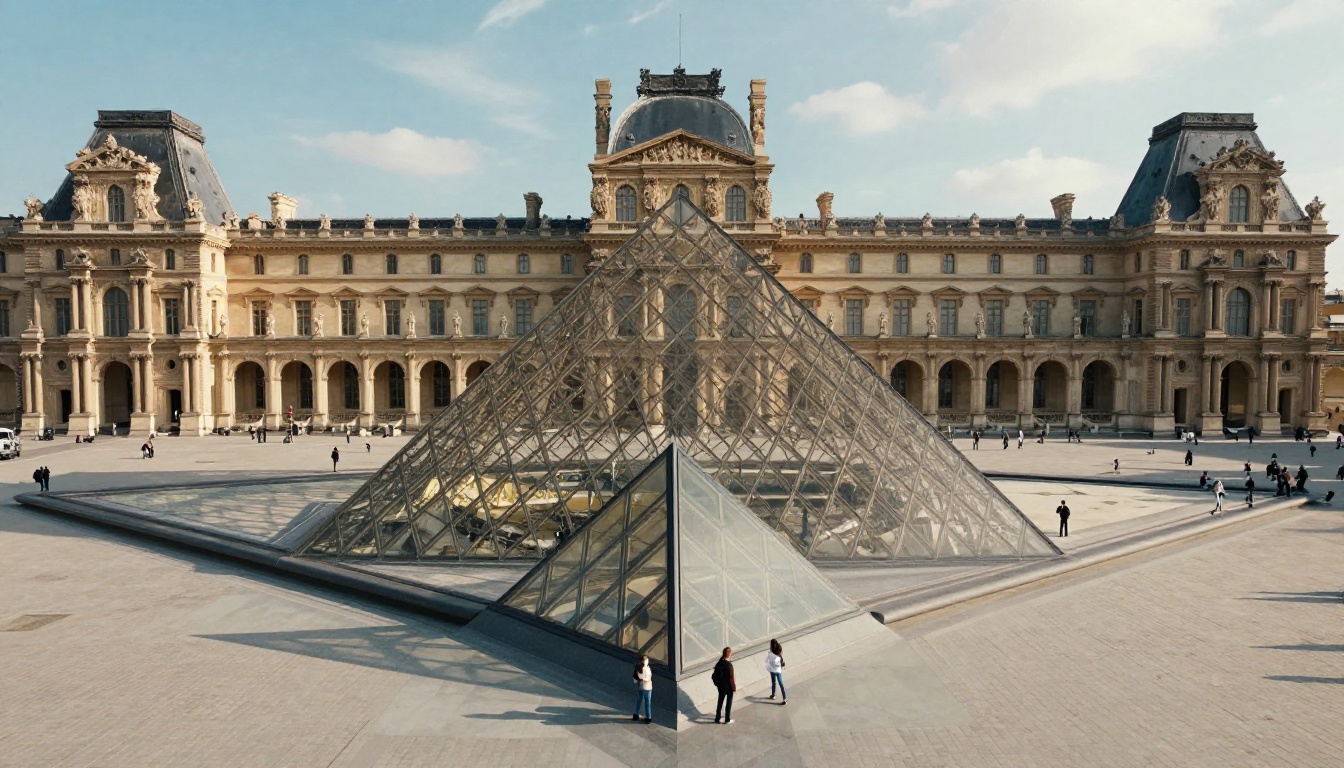Aerial drone view of the Louvre Museum glass pyramid with tourists below