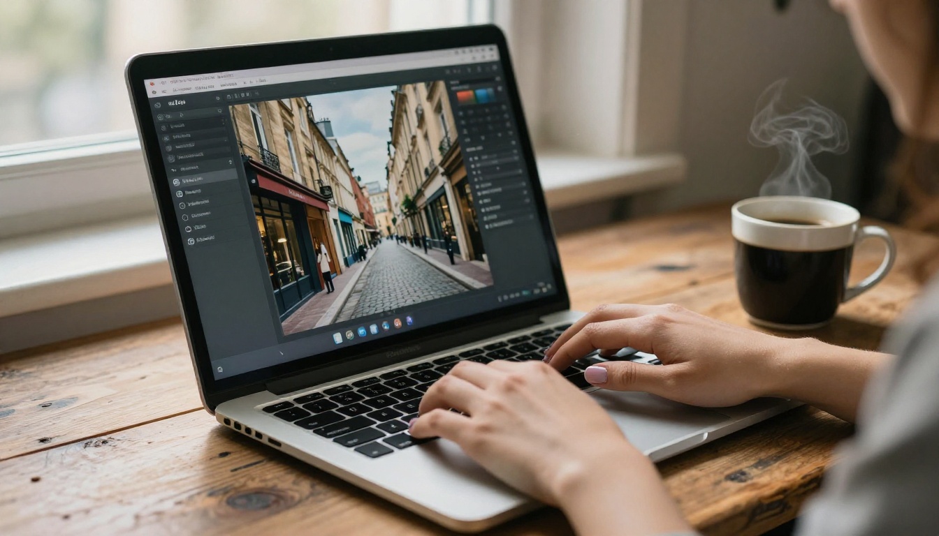 AI image generation interface on a laptop showing Paris-inspired results