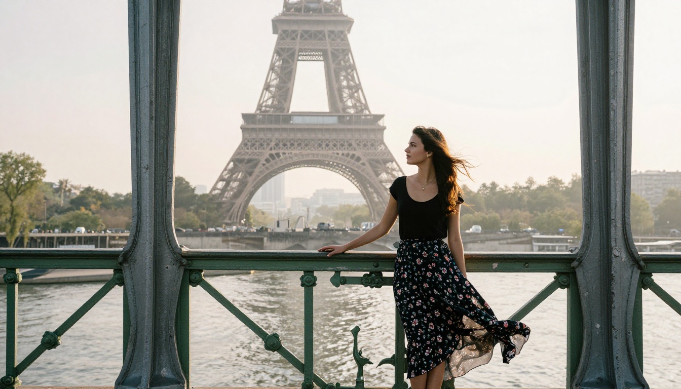 Woman standing on the Pont de Bir-Hakeim bridge with the Eiffel Tower rising through morning mist